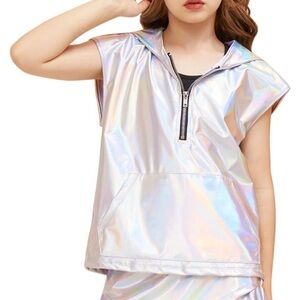 Perfashion Girls Vest Metallic Laser Silver Half Zip Hoodie Sleeveless 10-11Y